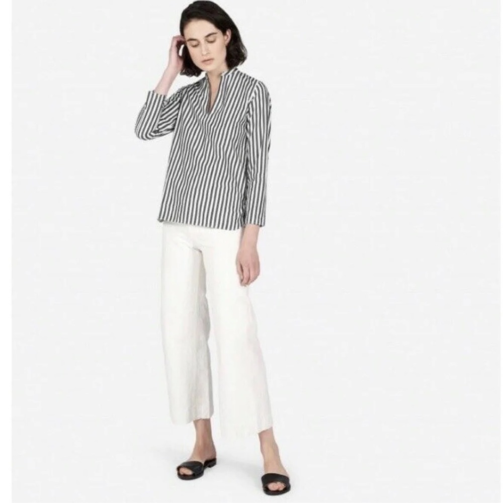 Everlane Poplin Split Neck Cotton Striped Tunic Blouse Size 10